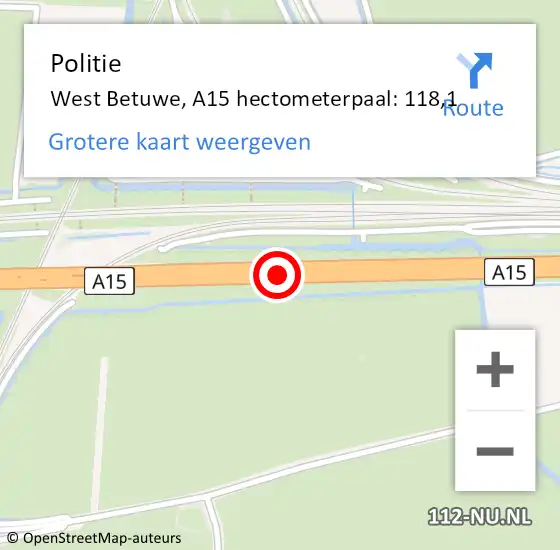 Locatie op kaart van de 112 melding: Politie West Betuwe, A15 hectometerpaal: 118,1 op 21 april 2022 12:17