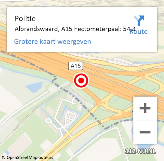 Locatie op kaart van de 112 melding: Politie Albrandswaard, A15 hectometerpaal: 54,3 op 21 april 2022 12:31