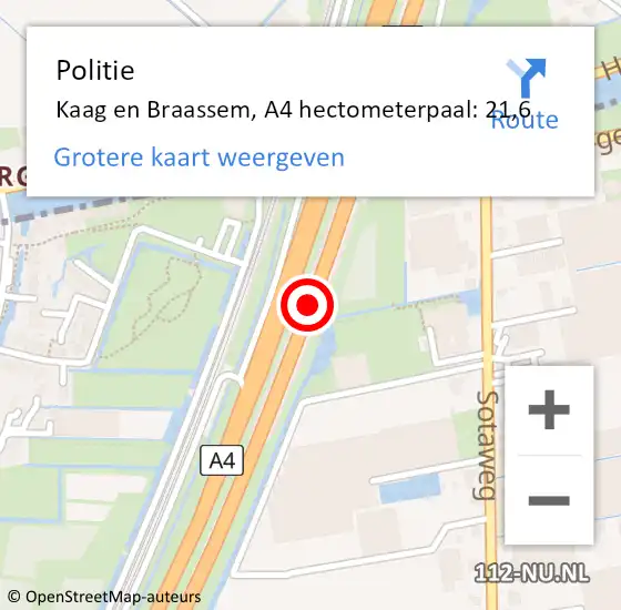 Locatie op kaart van de 112 melding: Politie Kaag en Braassem, A4 hectometerpaal: 21,6 op 21 april 2022 12:38