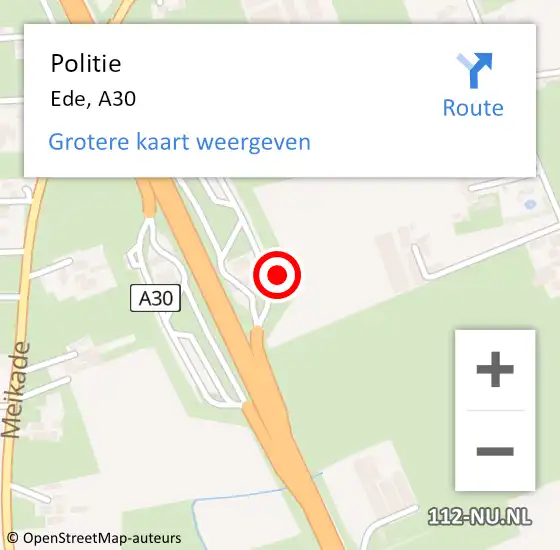 Locatie op kaart van de 112 melding: Politie Ede, A30 op 21 april 2022 14:37