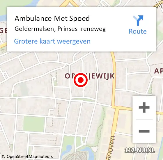 Locatie op kaart van de 112 melding: Ambulance Met Spoed Naar Geldermalsen, Prinses Ireneweg op 21 april 2022 14:40