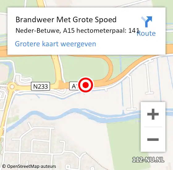 Locatie op kaart van de 112 melding: Brandweer Met Grote Spoed Naar Neder-Betuwe, A15 hectometerpaal: 141 op 21 april 2022 15:06