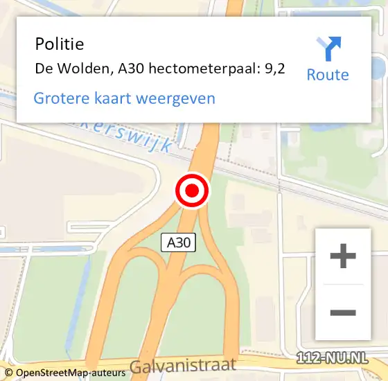 Locatie op kaart van de 112 melding: Politie De Wolden, A30 hectometerpaal: 9,2 op 21 april 2022 15:12