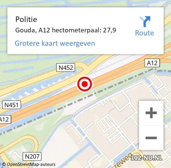 Locatie op kaart van de 112 melding: Politie Gouda, A12 hectometerpaal: 27,9 op 21 april 2022 15:17