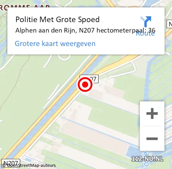 Locatie op kaart van de 112 melding: Politie Met Grote Spoed Naar Alphen aan den Rijn, N207 hectometerpaal: 36 op 21 april 2022 15:21