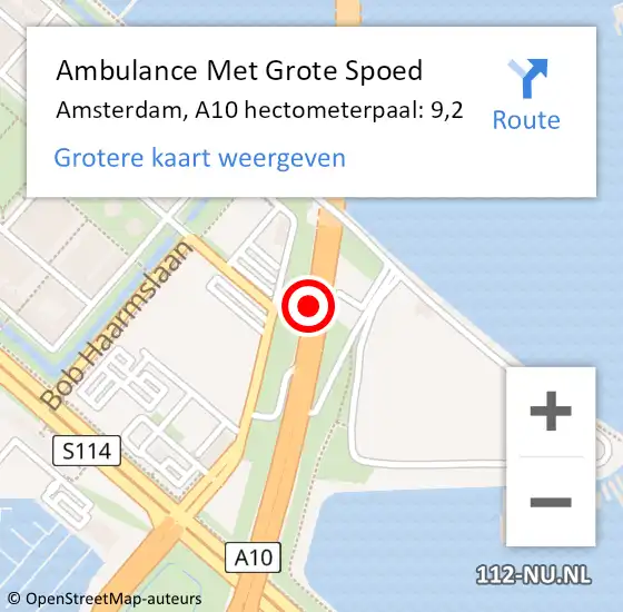 Locatie op kaart van de 112 melding: Ambulance Met Grote Spoed Naar Amsterdam, A10 hectometerpaal: 9,2 op 21 april 2022 15:59