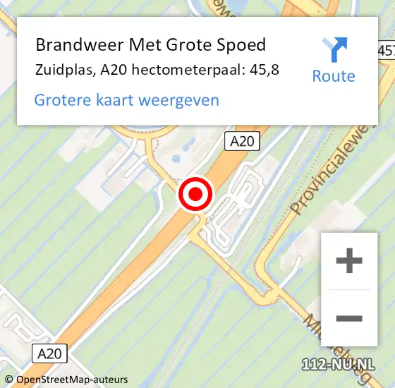 Locatie op kaart van de 112 melding: Brandweer Met Grote Spoed Naar Zuidplas, A20 hectometerpaal: 45,8 op 21 april 2022 16:21