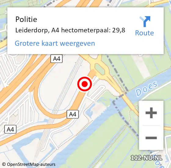 Locatie op kaart van de 112 melding: Politie Leiderdorp, A4 hectometerpaal: 29,8 op 21 april 2022 16:57