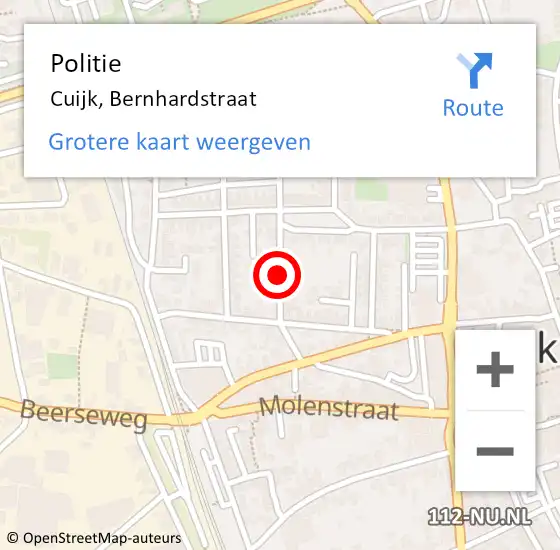 Locatie op kaart van de 112 melding: Politie Cuijk, Bernhardstraat op 21 april 2022 18:01