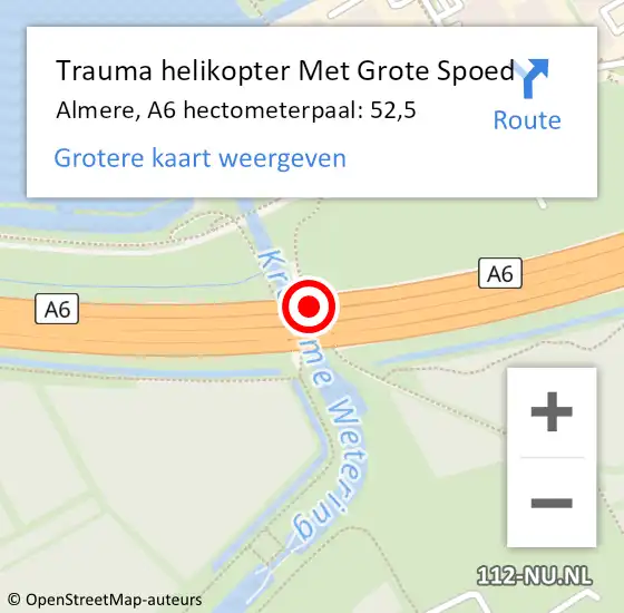 Locatie op kaart van de 112 melding: Trauma helikopter Met Grote Spoed Naar Almere, A6 hectometerpaal: 52,5 op 21 april 2022 18:48
