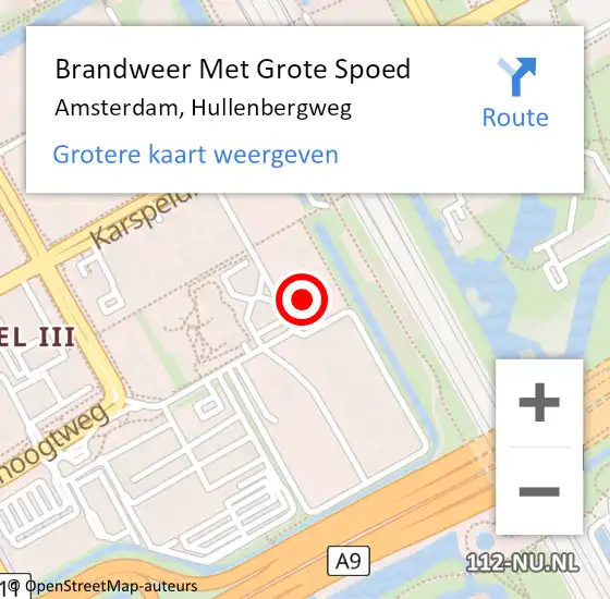 Locatie op kaart van de 112 melding: Brandweer Met Grote Spoed Naar Amsterdam-Zuidoost, Hullenbergweg op 21 april 2022 19:22