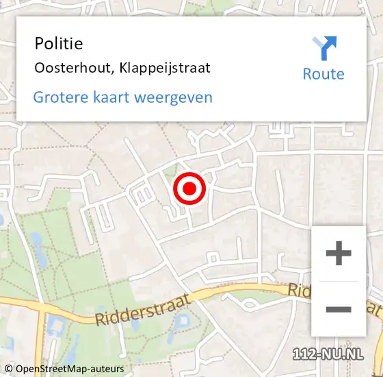 Locatie op kaart van de 112 melding: Politie Oosterhout, Klappeijstraat op 21 april 2022 20:05