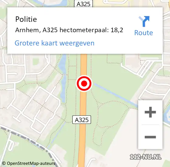 Locatie op kaart van de 112 melding: Politie Arnhem, A325 hectometerpaal: 18,2 op 21 april 2022 21:47
