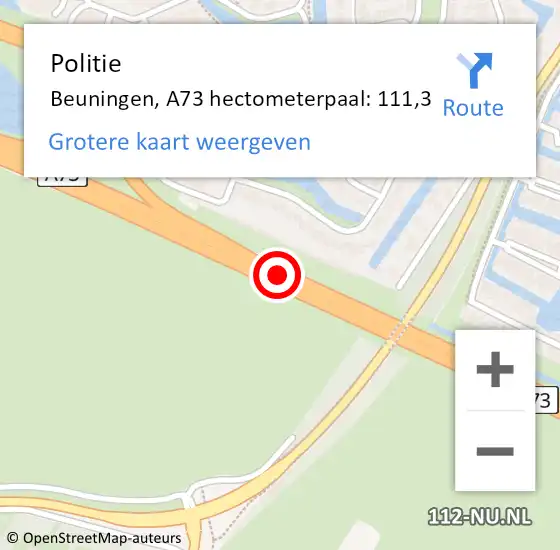 Locatie op kaart van de 112 melding: Politie Beuningen, A73 hectometerpaal: 111,3 op 21 april 2022 22:02