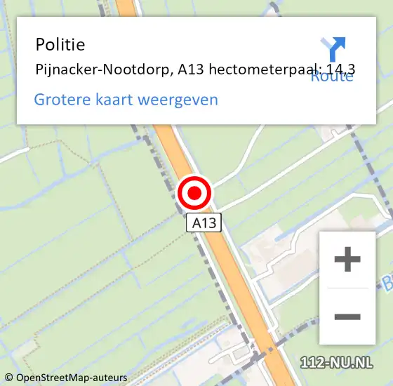 Locatie op kaart van de 112 melding: Politie Rotterdam, A13 hectometerpaal: 14,3 op 21 april 2022 22:20