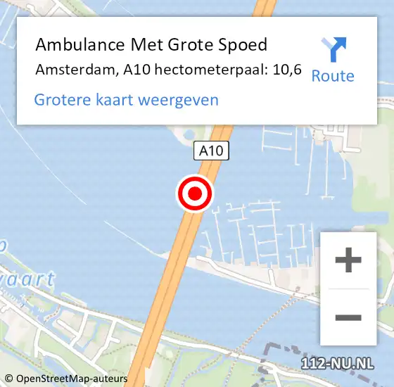 Locatie op kaart van de 112 melding: Ambulance Met Grote Spoed Naar Amsterdam, A10 hectometerpaal: 10,6 op 21 april 2022 22:56