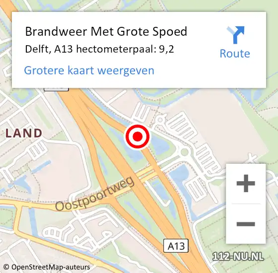 Locatie op kaart van de 112 melding: Brandweer Met Grote Spoed Naar Delft, A13 hectometerpaal: 9,2 op 22 april 2022 00:09
