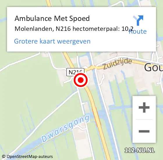 Locatie op kaart van de 112 melding: Ambulance Met Spoed Naar Molenlanden, N216 hectometerpaal: 10,2 op 22 april 2022 05:46