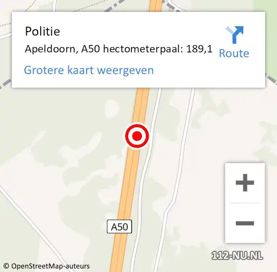 Locatie op kaart van de 112 melding: Politie Apeldoorn, A50 hectometerpaal: 189,1 op 22 april 2022 06:38