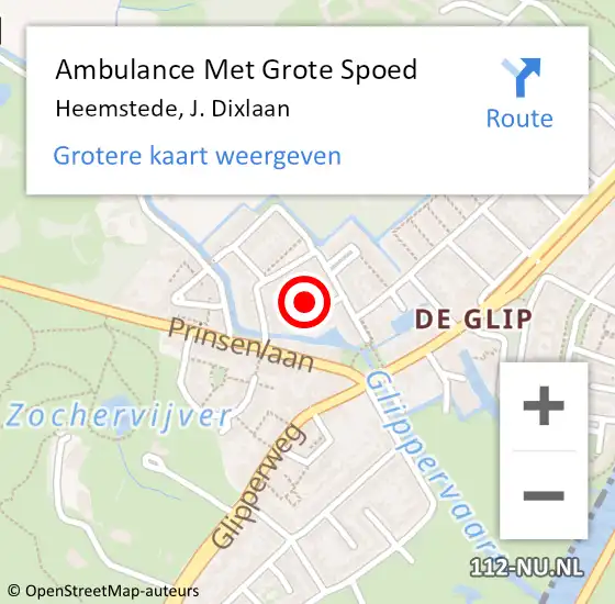 Locatie op kaart van de 112 melding: Ambulance Met Grote Spoed Naar Heemstede, J. Dixlaan op 22 april 2022 07:41