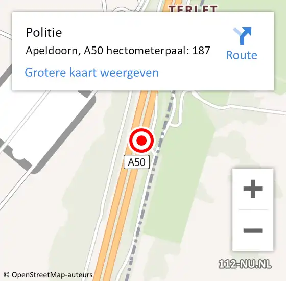 Locatie op kaart van de 112 melding: Politie Apeldoorn, A50 hectometerpaal: 187 op 22 april 2022 10:54