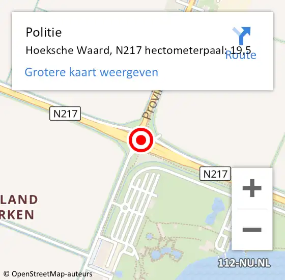 Locatie op kaart van de 112 melding: Politie Hoeksche Waard, N217 hectometerpaal: 19,5 op 22 april 2022 12:37