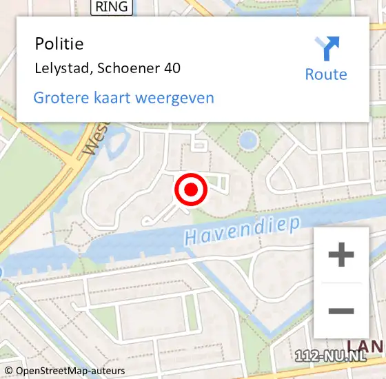 Locatie op kaart van de 112 melding: Politie Lelystad, Schoener 40 op 22 april 2022 13:39