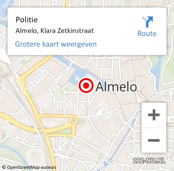 Locatie op kaart van de 112 melding: Politie Almelo, Klara Zetkinstraat op 22 april 2022 14:48