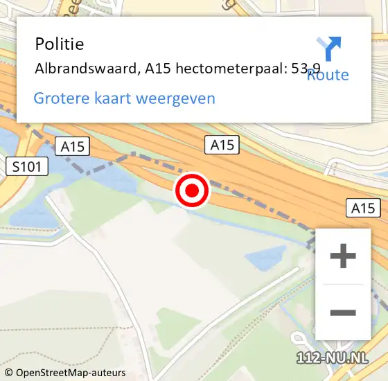 Locatie op kaart van de 112 melding: Politie Albrandswaard, A15 hectometerpaal: 53,9 op 22 april 2022 14:53