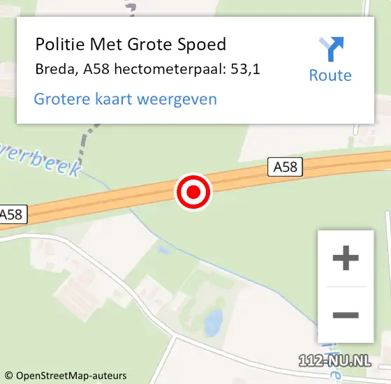 Locatie op kaart van de 112 melding: Politie Met Grote Spoed Naar Breda, A58 hectometerpaal: 53,1 op 22 april 2022 15:46