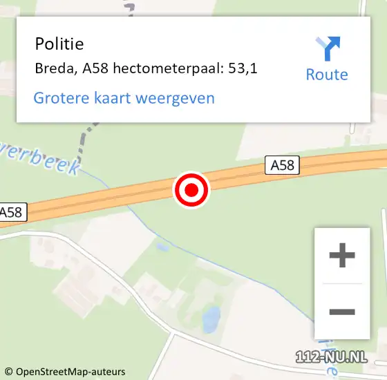 Locatie op kaart van de 112 melding: Politie Breda, A58 hectometerpaal: 53,1 op 22 april 2022 15:46