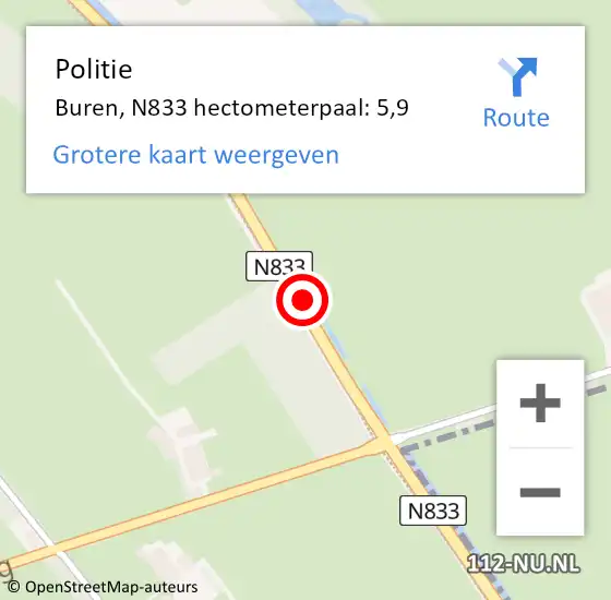 Locatie op kaart van de 112 melding: Politie Buren, N833 hectometerpaal: 5,9 op 22 april 2022 15:47