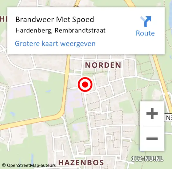 Locatie op kaart van de 112 melding: Brandweer Met Spoed Naar Hardenberg, Rembrandtstraat op 22 april 2022 15:47