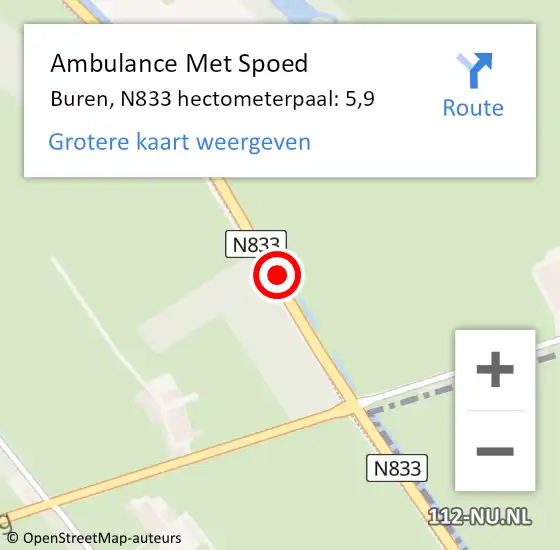 Locatie op kaart van de 112 melding: Ambulance Met Spoed Naar Buren, N833 hectometerpaal: 5,9 op 22 april 2022 15:54