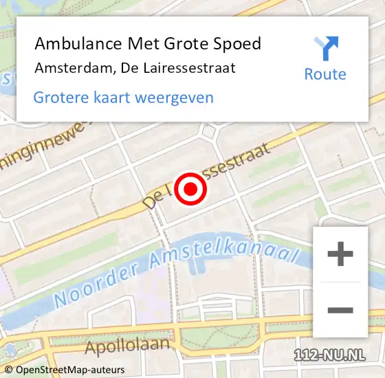 Locatie op kaart van de 112 melding: Ambulance Met Grote Spoed Naar Amsterdam, De Lairessestraat op 22 april 2022 15:58
