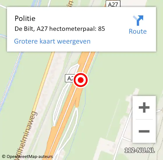 Locatie op kaart van de 112 melding: Politie De Bilt, A27 hectometerpaal: 85 op 22 april 2022 16:23