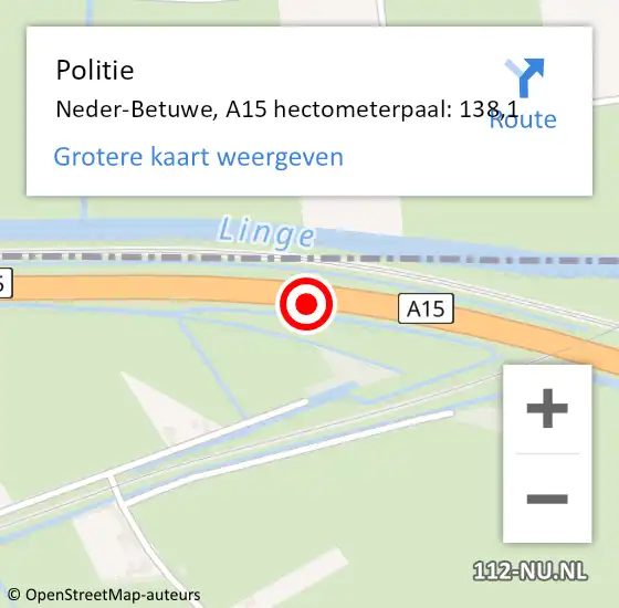 Locatie op kaart van de 112 melding: Politie Buren, A15 hectometerpaal: 138,1 op 22 april 2022 16:51