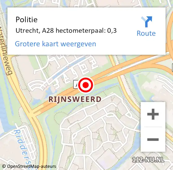 Locatie op kaart van de 112 melding: Politie Utrecht, A28 hectometerpaal: 0,3 op 22 april 2022 17:10