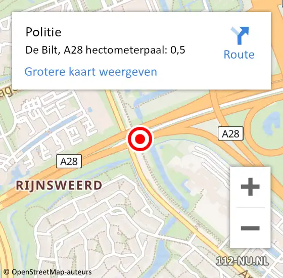 Locatie op kaart van de 112 melding: Politie Utrecht, A28 hectometerpaal: 0,5 op 22 april 2022 17:17