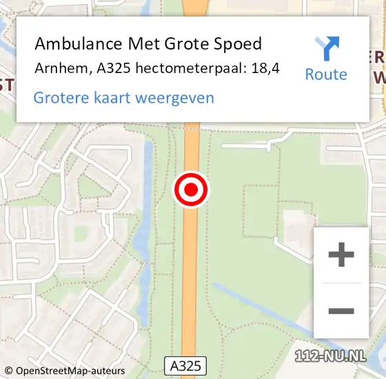Locatie op kaart van de 112 melding: Ambulance Met Grote Spoed Naar Arnhem, A325 hectometerpaal: 18,4 op 22 april 2022 17:18