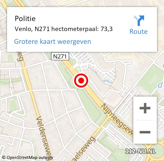 Locatie op kaart van de 112 melding: Politie Venlo, N271 hectometerpaal: 73,3 op 22 april 2022 17:20