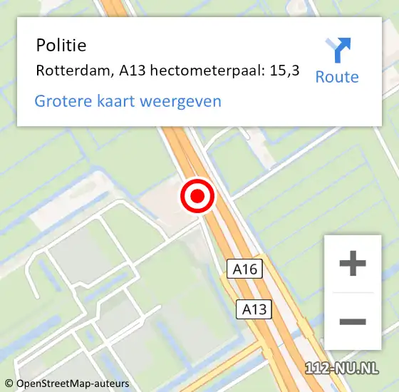 Locatie op kaart van de 112 melding: Politie Rotterdam, A13 hectometerpaal: 15,3 op 22 april 2022 17:41