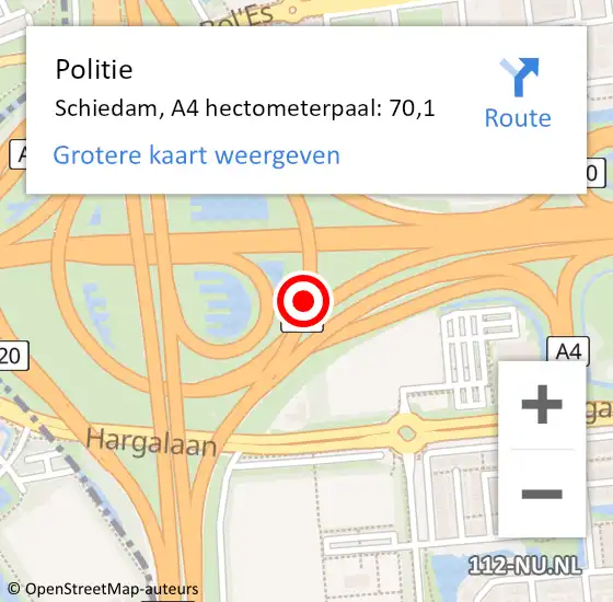 Locatie op kaart van de 112 melding: Politie Schiedam, A4 hectometerpaal: 70,1 op 22 april 2022 18:16