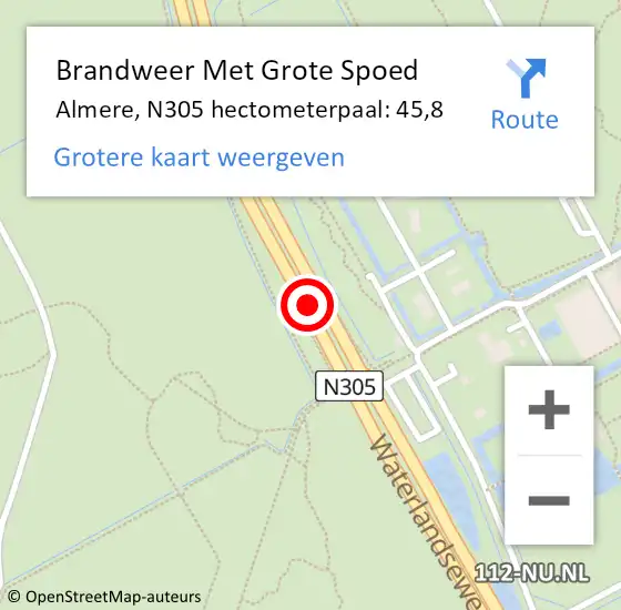 Locatie op kaart van de 112 melding: Brandweer Met Grote Spoed Naar Almere, N305 hectometerpaal: 45,8 op 22 april 2022 18:43