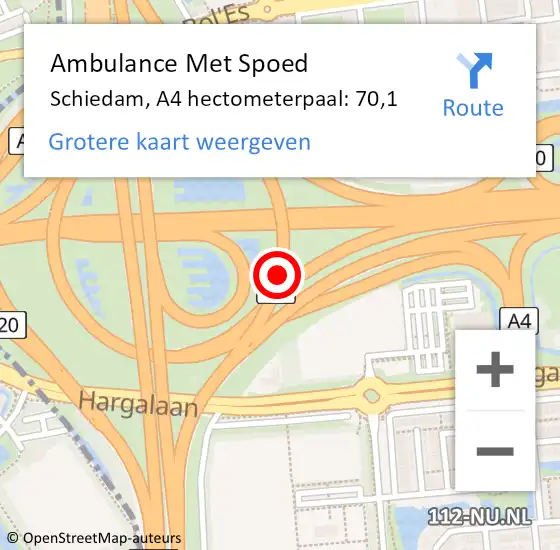 Locatie op kaart van de 112 melding: Ambulance Met Spoed Naar Schiedam, A4 hectometerpaal: 70,1 op 22 april 2022 18:45