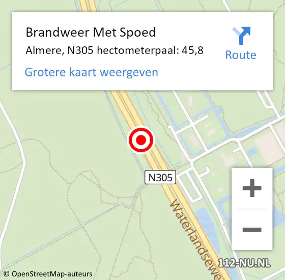 Locatie op kaart van de 112 melding: Brandweer Met Spoed Naar Almere, N305 hectometerpaal: 45,8 op 22 april 2022 19:08