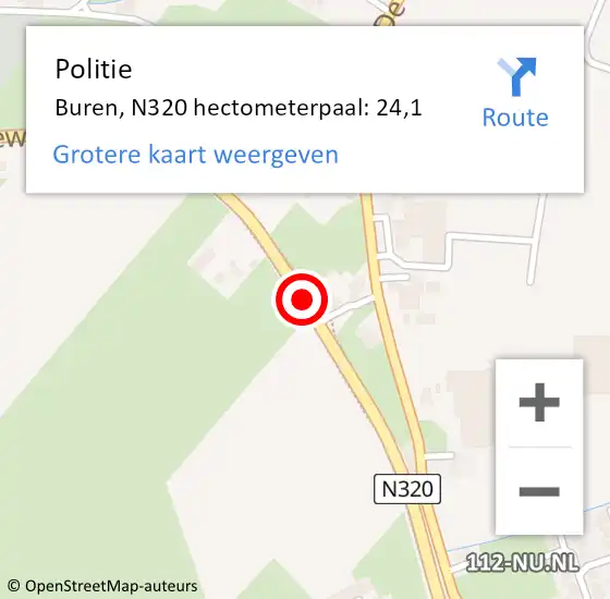 Locatie op kaart van de 112 melding: Politie Buren, N320 hectometerpaal: 24,1 op 22 april 2022 19:10