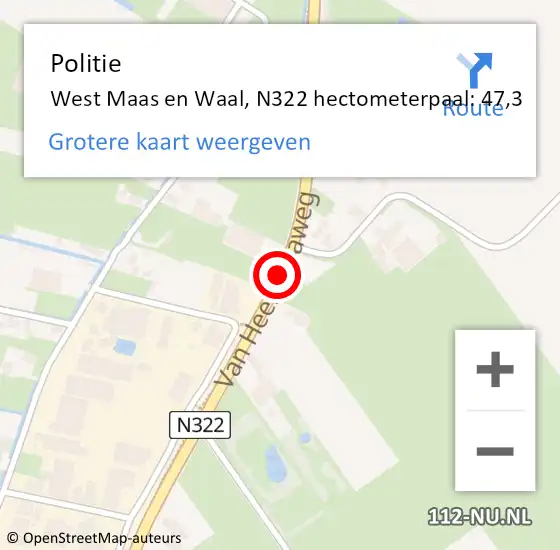 Locatie op kaart van de 112 melding: Politie West Maas en Waal, N322 hectometerpaal: 47,3 op 22 april 2022 22:14