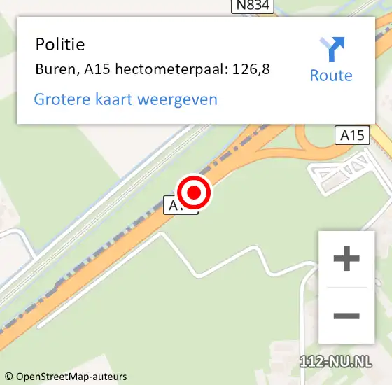 Locatie op kaart van de 112 melding: Politie Buren, A15 hectometerpaal: 126,8 op 23 april 2022 00:33