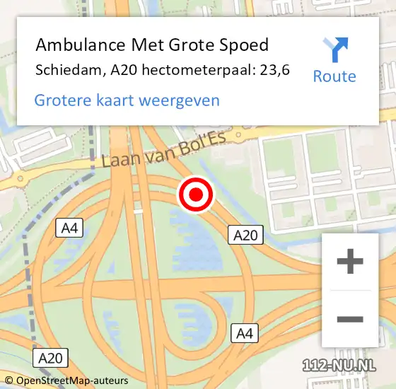 Locatie op kaart van de 112 melding: Ambulance Met Grote Spoed Naar Schiedam, A20 hectometerpaal: 23,6 op 23 april 2022 01:22